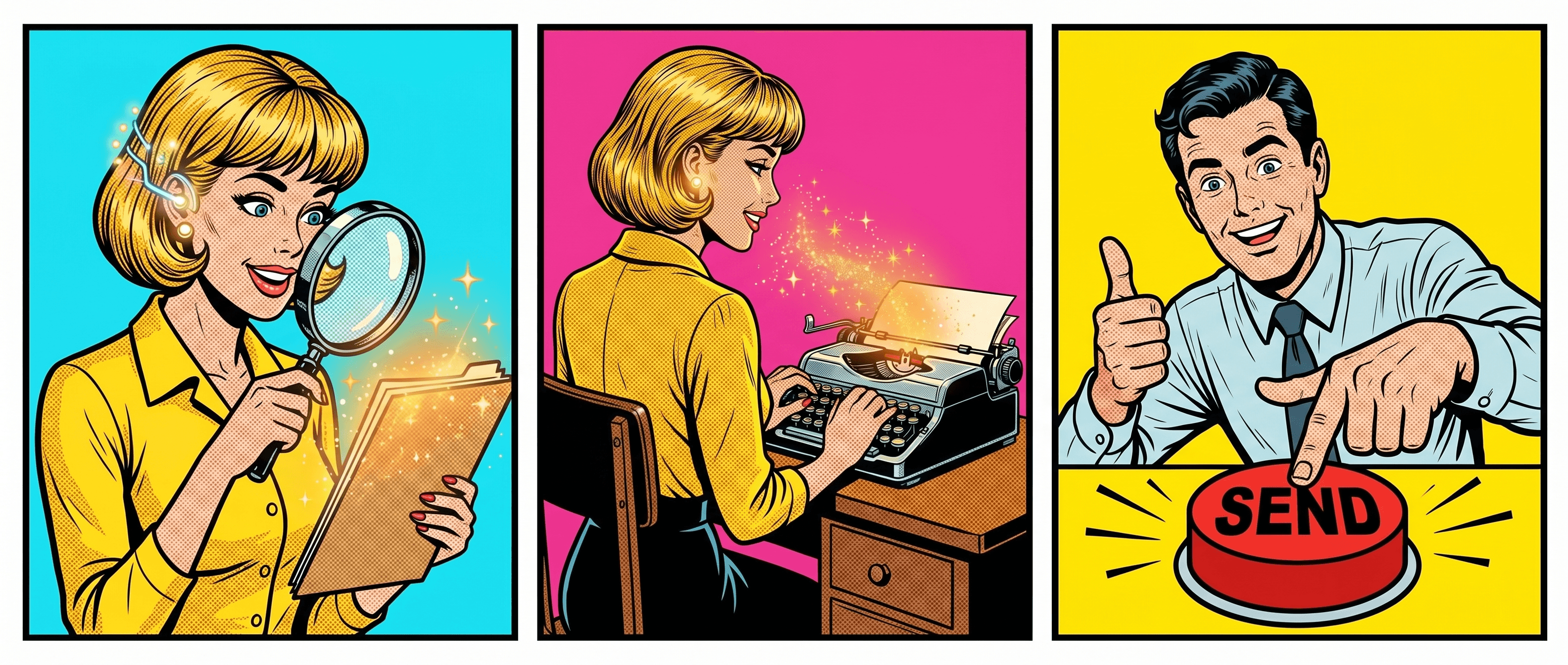 3-panel Archie-style comic strip: a day in the life of your new AI employee Betty
