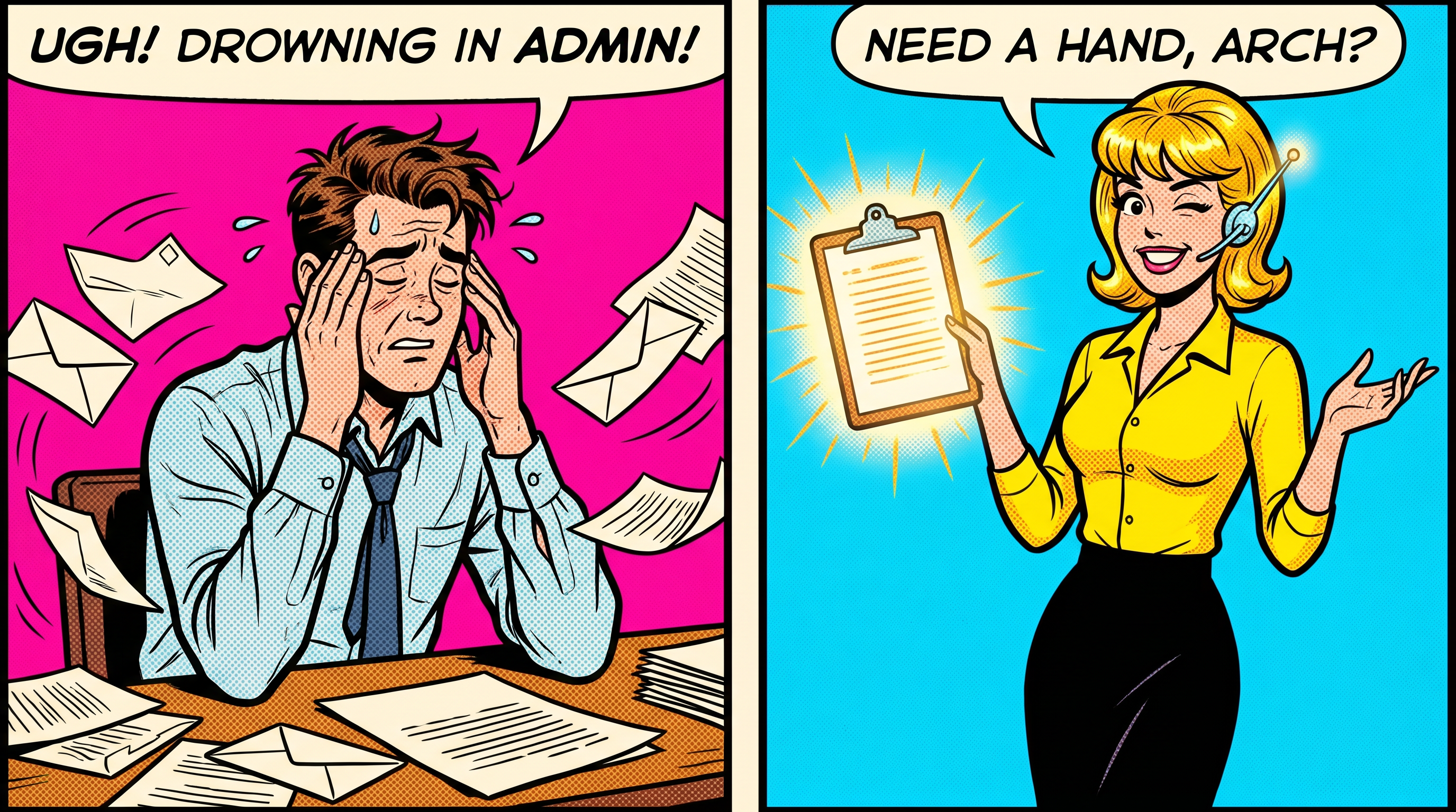 Before: stressed business owner drowning in paper. After: Betty stepping in with a glowing clipboard.